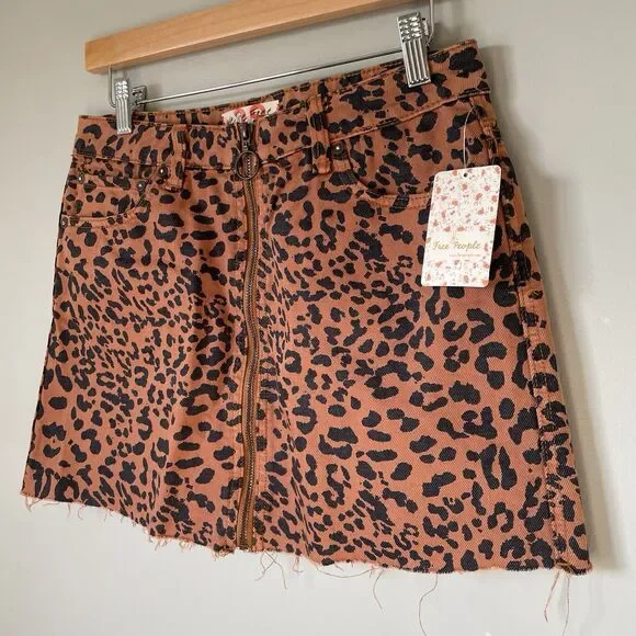 Free People We The Free Denim Mini Skirt Leopard Print Brown Black Women's 28 - Picture 3 of 12